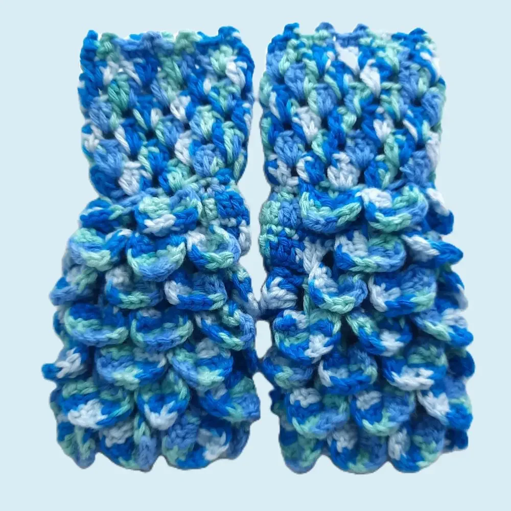 Crochet Fingerless Gloves Dragon Scale Handmade Blue Mermaid Texting Crocodile